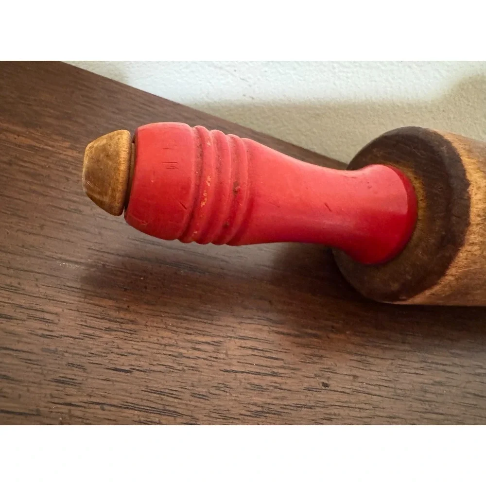 Antique Wood Rolling Pin Painted Red Handles 17.5